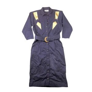 Vintage d.Frank Navy Blue Western Studded Gold Metallic Belted Midi Dress Womens